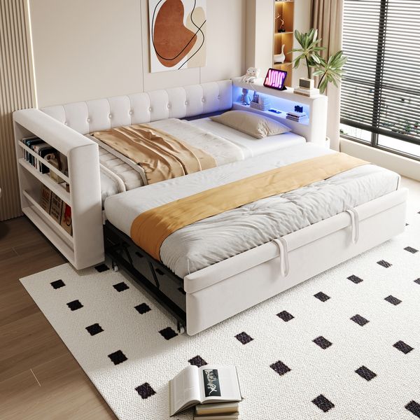 Polsterbett 90/180×190 cm, mit LED-Beleuchtung, Steckdosen und viel Stauraum; Polsterbett, Multifunktionales Schlafsofa, Einzelbett, Beige