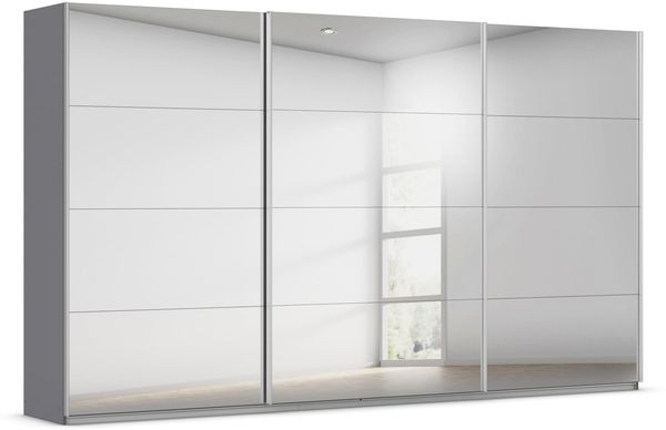 Rauch Möbel Kulmbach, Kleiderschrank mit Schwebetüren für Schlafzimmer, Kinderzimmer, Flur, 3-türig, mit Spiegel und Soft-Close-Funktion, Zubehör Premium, Farbe Grau metallic, Schwarz, Breite 360 cm