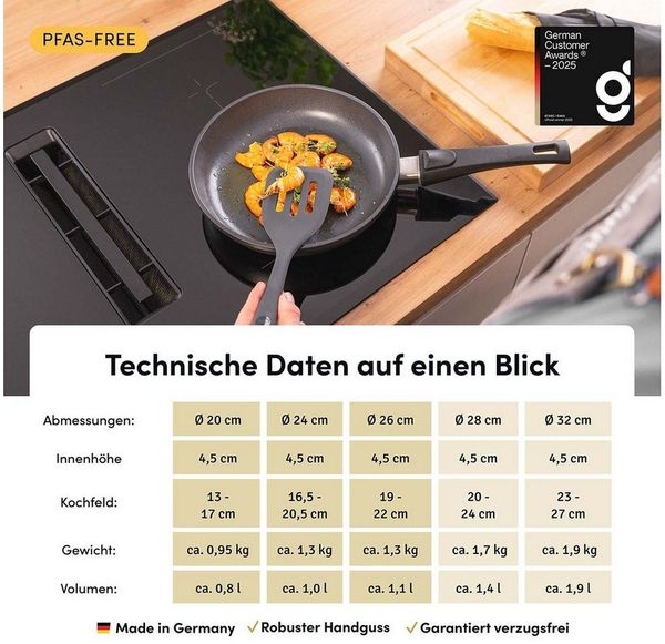 Hoffmann Germany Bratpfanne STONIQ PFAS-frei Ø 20 cm Aluguss Pfanne Induktion – Made in Germany, Aluguss (Set, 2-tlg, 1x Bratpfanne Ø 20 cm + 1x Deckel), abnehmbarer Griff, backofenfest 300°C, spülmaschinengeeignet, 0,8 l Bild 2