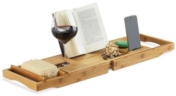 Relaxdays Badewannenablage Bambus mit Buchstütze