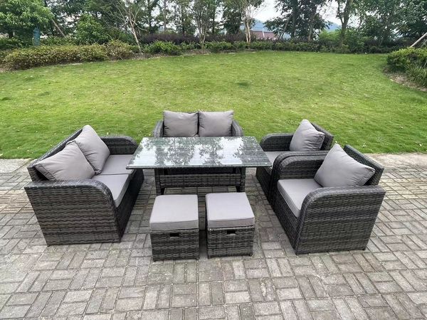 Fimous 8 Sitzer Dunkelgrau Polyrattan Gartenmöbel-Set Liegestuhl 2 Sitzer Liebe Sofa Set Outdoor Rechteckiger Esstisch 2 Hockern