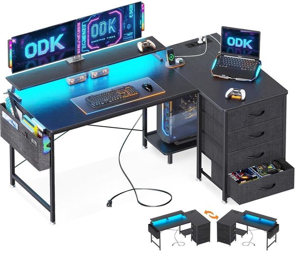 ODK Eckschreibtisch 140x80cm L-Form Schreibtisch Gaming LED Schwarz