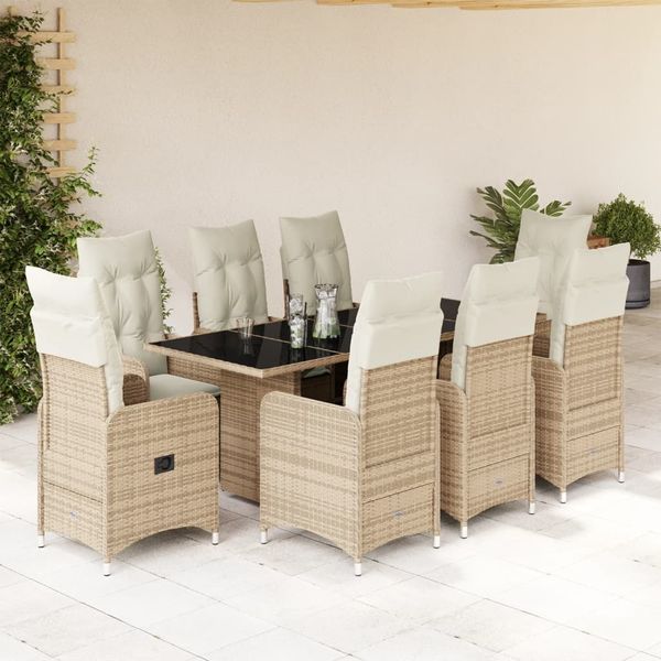 vidaXL 9-tlg. Garten-Bistro-Set mit Kissen Beige Poly Rattan 3277106