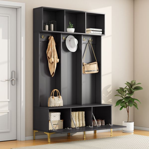 Garderobenset mit Sitzbank 120 x 23,5 x 191,5 cm, Hochglanz in Schwarz mit goldfarbenen Details