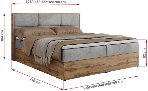 Boxspringbett mit Kopfteil und Topper, Polsterbett - ALBERO 2 - 140 x 200 cm - Hellgrau Velours - H4 Bild 6