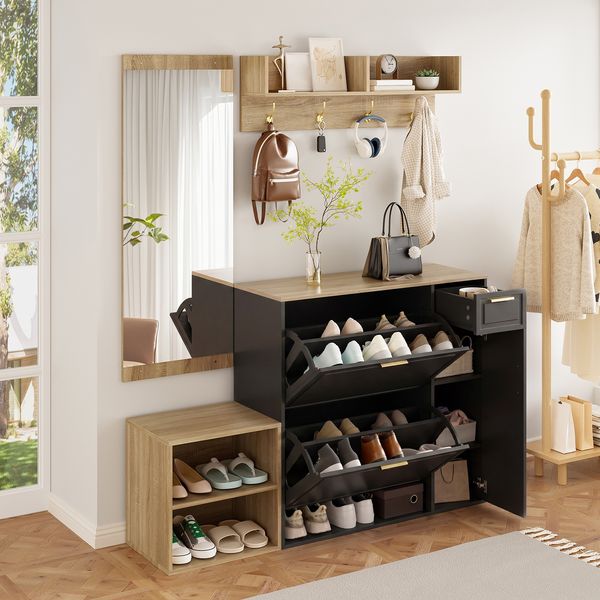 4-teiliges Garderoben-Set – mit Schuhschrank, Sitzbank, Wandgarderobe & Spiegel, komplettes Flurmöbel-Set für Diele und Eingangsbereich, Maße: B139.5 x T35 x H166 cm