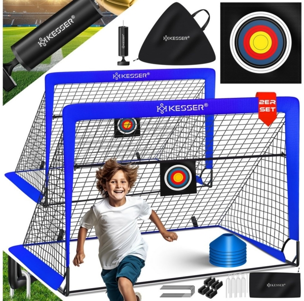 KESSER Pop-Up Fußballtor, 2er Set, mit Transporttasche, 6x Hütchen, Ballpumpe & Zielscheibe, Glasfaserstangen, 120x90 cm, Blau