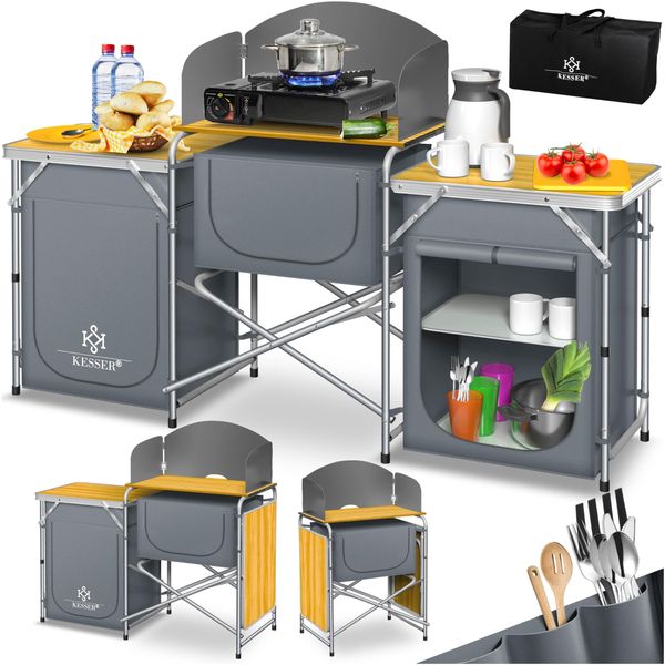 KESSER® Campingschrank, Campingküche mit Aluminiumgestell, inkl. Tragetasche , Kocherschrank für Camping , Campingmöbel , Outdoor Typ Big (Grau)