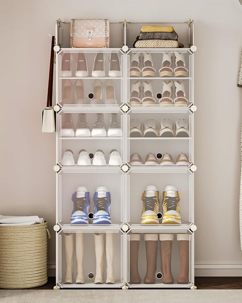 Schuhregal, 8 Schuhschrank mit Türen und Haken, für 32 Paar Schuhe, 35,5 x 81 x 160 cm, Kunststoff-Schuhregal, Schuhschrank für Flur, Schlafzimmer, Eingang, Transparentes Weiß