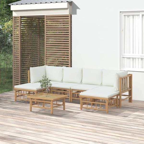 vidaXL 7-tlg. Garten-Lounge-Set mit Cremeweißen Kissen Bambus 3155197