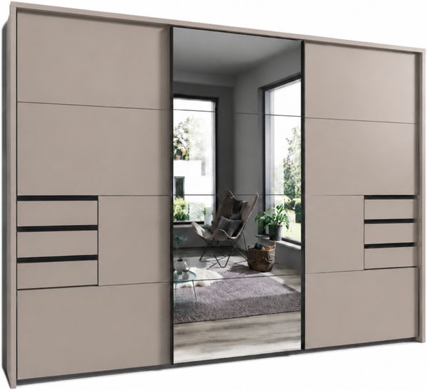 Schwebetürenschrank Kleiderschrank 3-trg 273cm Sandgrau Spiegel u. Passepartout