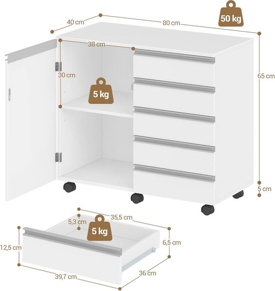 Rollcontainer mit 5 Schubladen & Schranktür, Mobiler Aktenschrank mit Rollen, platzsparender Schreibtischunterschrank mit Stauraum für Büro und Homeoffice, Weiß 40 x 80 x 70 cm Bild 8