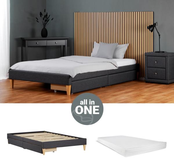 Homestyle4u Polsterbett mit Matratze und Lattenrost, Stoff, H2, Grau, 140x200 cm, mit Bettkasten