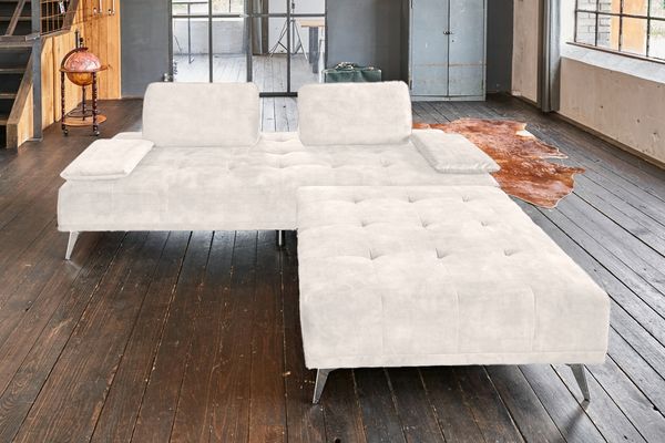 KAWOLA Sofa WIOLO Schlafsofa Daybed mit Hocker velvet cremeweiß 80 x 110 x 240 cm