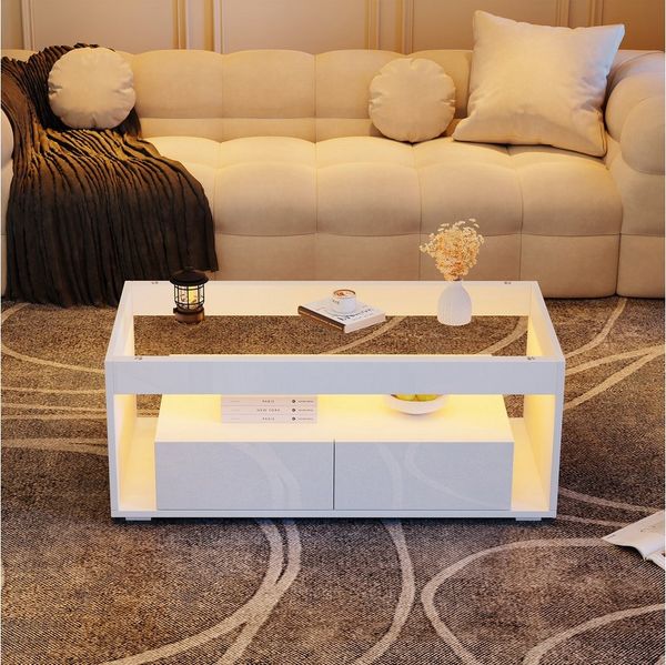 HAUSS SPOLE Couchtisch mit LED-Licht,Wohnzimmertisch Sofatisch Hochglanz mit Schubladen (Satztisch, Wohnzimmertisch, Beistelltisch, 1-St, 2 großen Schubladen), doppelschichtiges Design