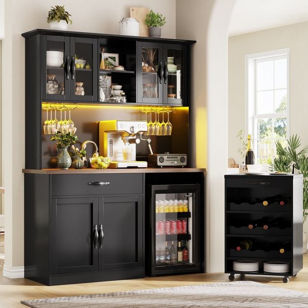 Odikalo Küchenbuffet Küchenschrank mit LED Rollwagen & Weinregal (mit Weinglasregal & Weinregal, Beleuchteter Sideboard Schrank für Wohnzimmer, Esszimmer)