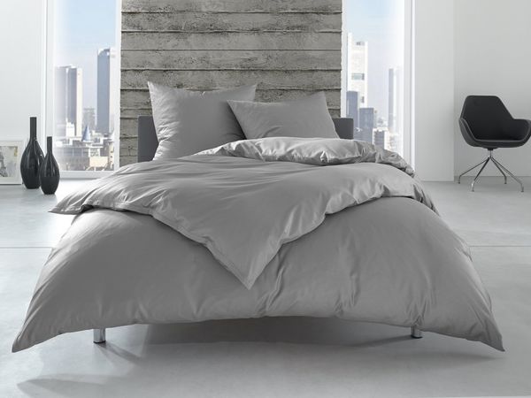 Bettwaesche-mit-Stil Renforcé / Linon Hotelbettwäsche "Lia" 100% Baumwolle grau uni einfarbig 200x220 + 2x 80x80cm