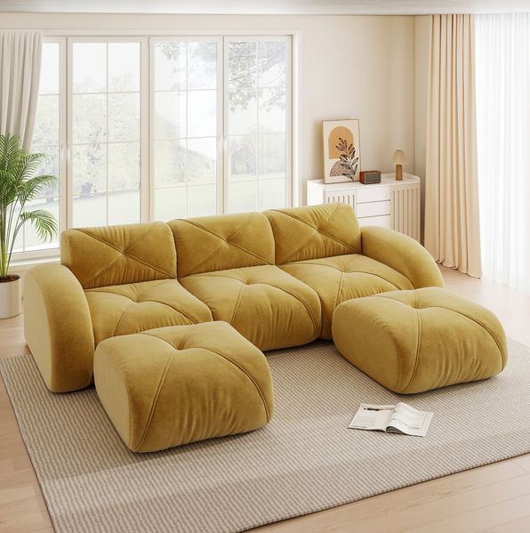 Modulsofa Chenille mit 2 Hockern, U-Form, 281x171x76 cm, gelb