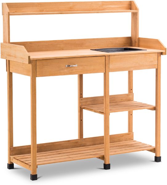 MCombo Pflanztisch Gärtnertisch Blumentisch 0458, mit Waschbecken Schublade und Ablagefläche Wetterfest, Holz, Natur, 115 x 45 x 121 cm