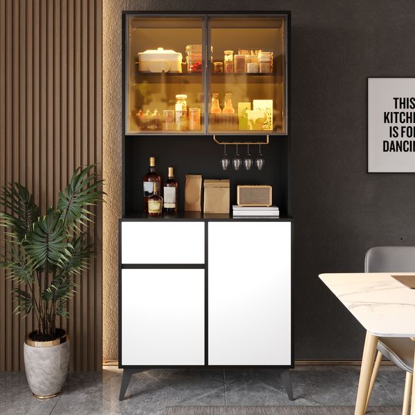 Merax Hochschrank, Vitrine, Anrichte, Sideboard, Esszimmerschrank, Wohnzimmerschrank, MDF-Korpus, Glaselemente, integrierte LED-Leuchten, Schwarz-Weiß Optik