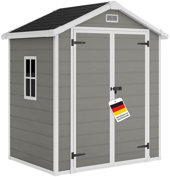 STEELSØN 'Novara' Gerätehaus Satteldach, Kunststoff, grau mit schwarzem Dach, wetterfest, 210x134x182 cm, abschließbar, Gartenhaus mit Fenster
