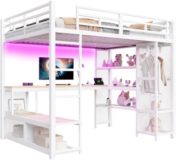 140x200cm Metall-Hochbett mit Stauraum, offenem Kleiderschrank, USB-Anschluss und LED-Beleuchtung, Weiß