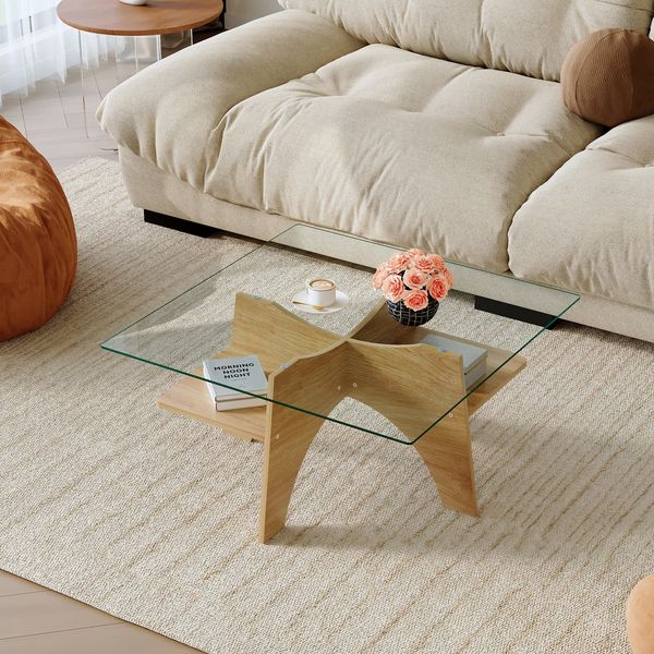 Couchtisch 80x80x40 cm aus Sicherheitsglas und MDF mit hellem Holzfurnier, mit Ablagefach