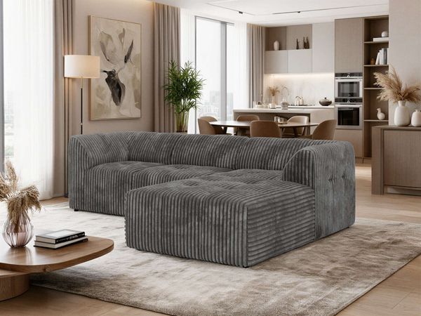 Modernes Wohnzimmer Sofa VORITA 3M L Freistehendes Ecksofa, L-Couch, Gepolstertes Sofa, Wellenfedern - Grau Cord - Rechts