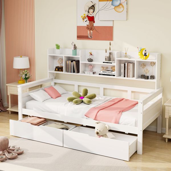 Schlafsofa 90x200, Schubladen und Regale, Lattenrost, Kinderbett, Jugendbett, Einzelbett, Massivholzbett, weiß
