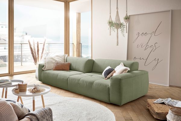 KAWOLA Big Sofa PALACE 3-Sitzer mit Sitztiefenverstellung Cord olivgrün 74 x 120 x 298 cm