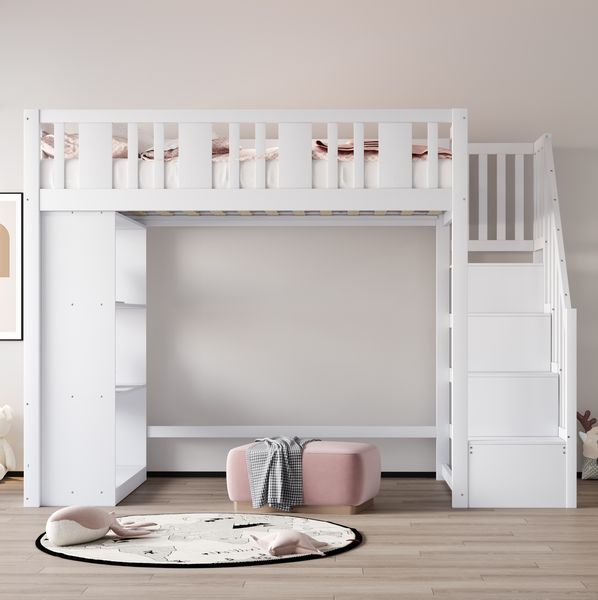 Bett 90x200 cm Hochbett mit Stauraumtreppe aus Kiefernholz, weiß – sicher & platzsparend
