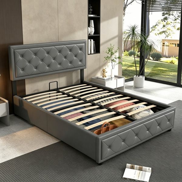 oyajia Polsterbett Doppelbett 140x200 cm mit Kopfteil und Hydraulischem Stauraum Bett (Doppelbett mit Kopfteil und Lattenrost), Schlafzimmer Bett mit Bettkasten,Bett mit Stauraum, Jugendbett