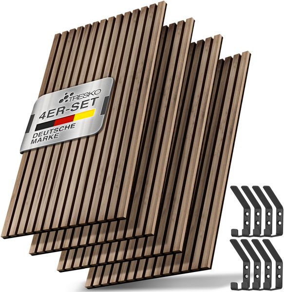 TRESKO® 4 Stück Akustikpaneele Holz 120×60 cm inkl. 8x Kleiderhaken | Wandverkleidung Eiche Natur als 3D Lamellenwand | Holzpaneele Paneele für Schallschutz | Akustik Wandpaneele mit Montageset