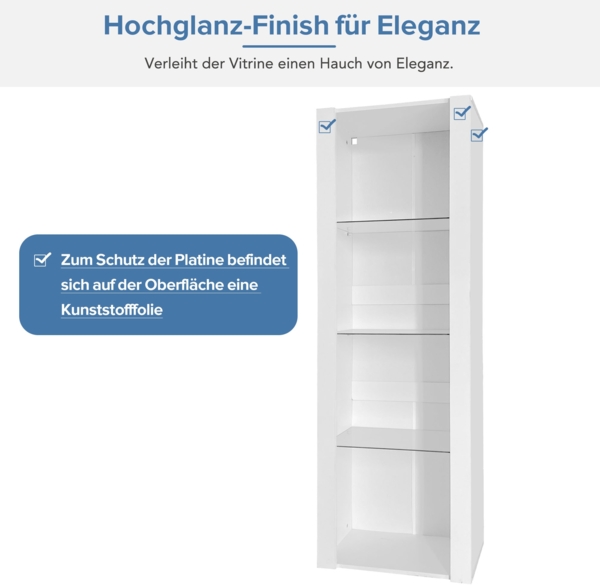 Merax Weiße Hochglanz-Vitrine mit LED-Beleuchtung, 3 Glasböden, 55*38*166 cm, Vitrinen, Standvitrinen, Hochschränke, Lagerschränke Bild 5