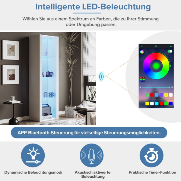 Merax Weiße Hochglanz-Vitrine mit LED-Beleuchtung, 3 Glasböden, 55*38*166 cm, Vitrinen, Standvitrinen, Hochschränke, Lagerschränke Bild 7