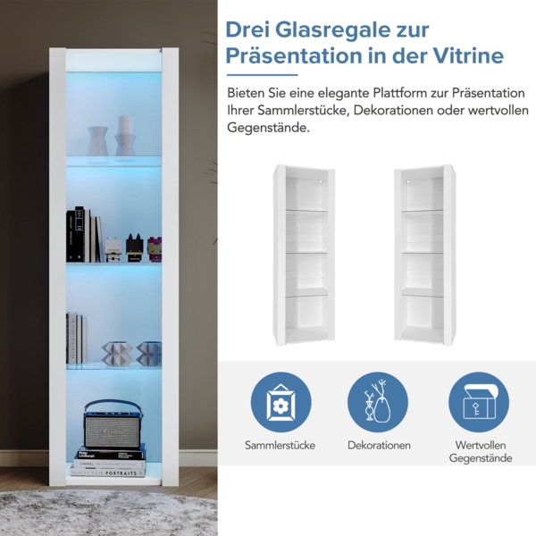 Merax Weiße Hochglanz-Vitrine mit LED-Beleuchtung, 3 Glasböden, 55*38*166 cm, Vitrinen, Standvitrinen, Hochschränke, Lagerschränke Bild 6