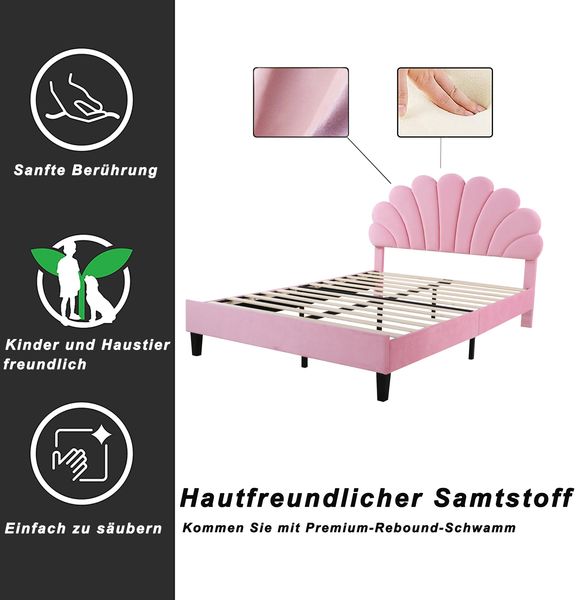 Polsterbett, Samt mit blumenförmigem Kopfteil & Lattenrost, 140x200 cm, Rosa, ohne Matratze Bild 7
