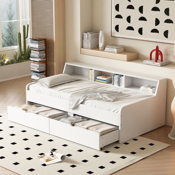 90*200 cm Tagesbett, einzeln, mit zwei Schubladen, mit Staufach, weiß