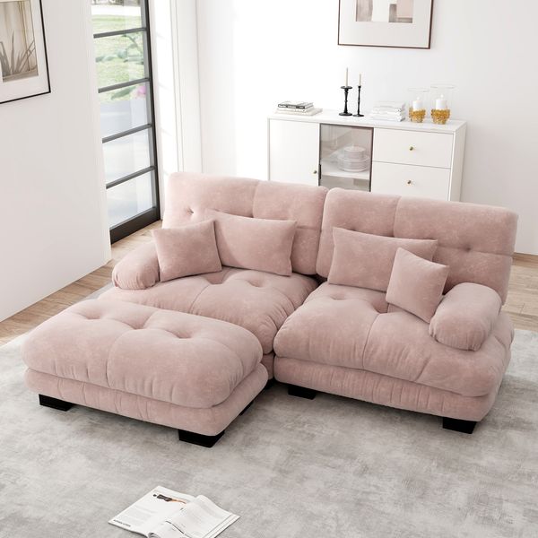 Modulares Ecksofa 81cm×220cm×145cm in Rosa aus Chenille mit Ottomans und Lendenkissen