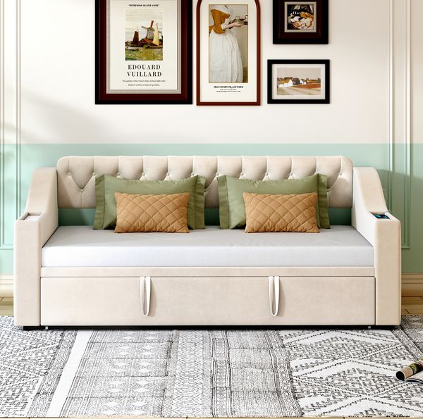 Ausziehbett 90/180×190 cm aus Samt mit Stauraum und USB- und Type-C-Anschlüssen