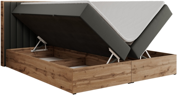 Boxspringbett mit dekorativem Kopfteil und zwei Bettkästen, Eiche Holzrahmen - ALBERO 4 - 160x200 cm - Grau Kunstleder - H4 Bild 5