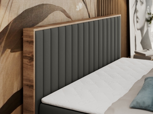 Boxspringbett mit dekorativem Kopfteil und zwei Bettkästen, Eiche Holzrahmen - ALBERO 4 - 160x200 cm - Grau Kunstleder - H4 Bild 4