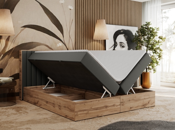 Boxspringbett mit dekorativem Kopfteil und zwei Bettkästen, Eiche Holzrahmen - ALBERO 4 - 160x200 cm - Grau Kunstleder - H4 Bild 3