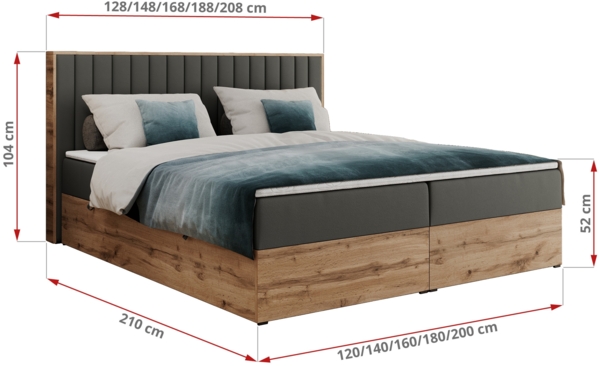 Boxspringbett mit dekorativem Kopfteil und zwei Bettkästen, Eiche Holzrahmen - ALBERO 4 - 160x200 cm - Grau Kunstleder - H4 Bild 6