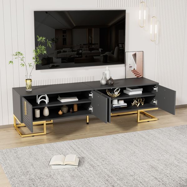 TV-Schrank 170x40x45,5 cm in Grau-Schwarz mit goldfarbenen Griffen, Türen und verstellbaren Füßen