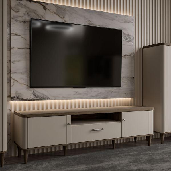 Forte LACETTI TV-Schrank 180, modernes Lowboard, Scandi Lamellen Design, 2-türig, 1 Schublade, Holzwerkstoff, Kaschmir|Beige|Valencia Eiche Holzdekor, 179,8 cm breit x 53,3 cm hoch x 41,2 cm tief