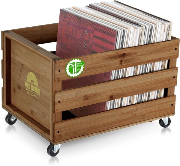 Stagecaptain Holzkiste SPKB-100 Schallplattenkiste "Emil" aus Bambus - Vinyl mit Stil, für bis zu 100 LPs - aus Vollholz im Retro-Design