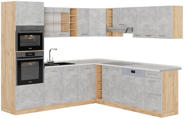 Eckküche R-Line Beton/Goldkraft Eiche 247 x 60 cm , AP Marmor Vicco