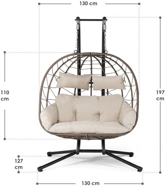 Juskys Doppelhängesessel Aria - Polyrattan Hängesessel mit Gestell & Kissen - Schaukel für zwei Personen - Outdoor Indoor Sessel - XXL Korb Beige