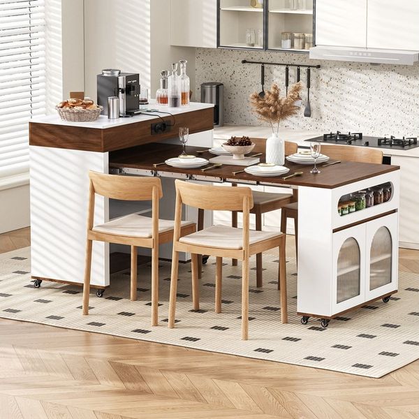 HAUSS SPOLE Kücheninsel Ausziehtisch mit Rollen,Küchenschrank Sideboard mit Steckdosen,Walnuss